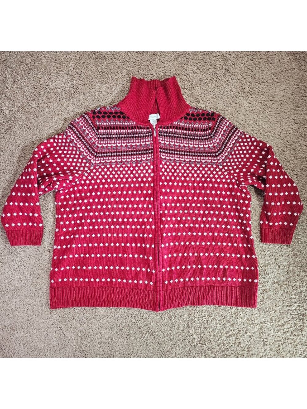 CJ Banks Full Zip Sweater Womens 3XL Red Fair Isle Jacket Cotton Holiday